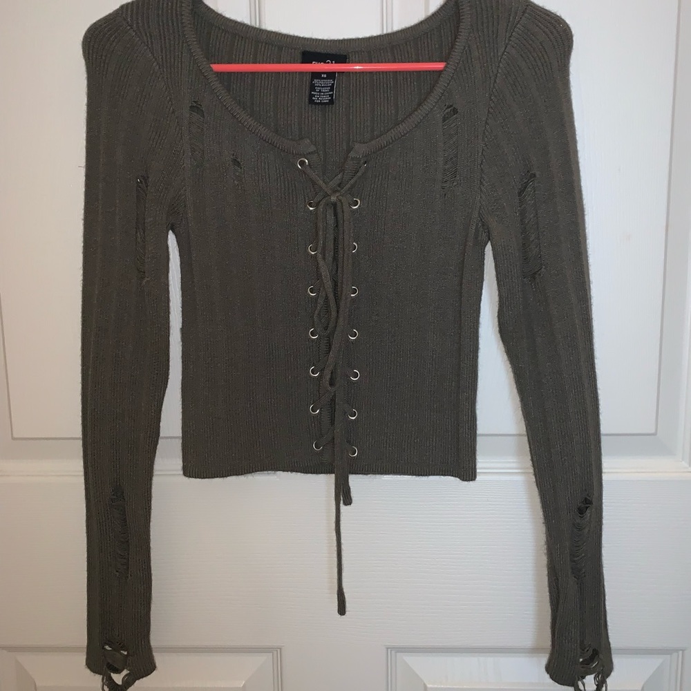 Olive Green Distressed Sweater Ribbed Rue21